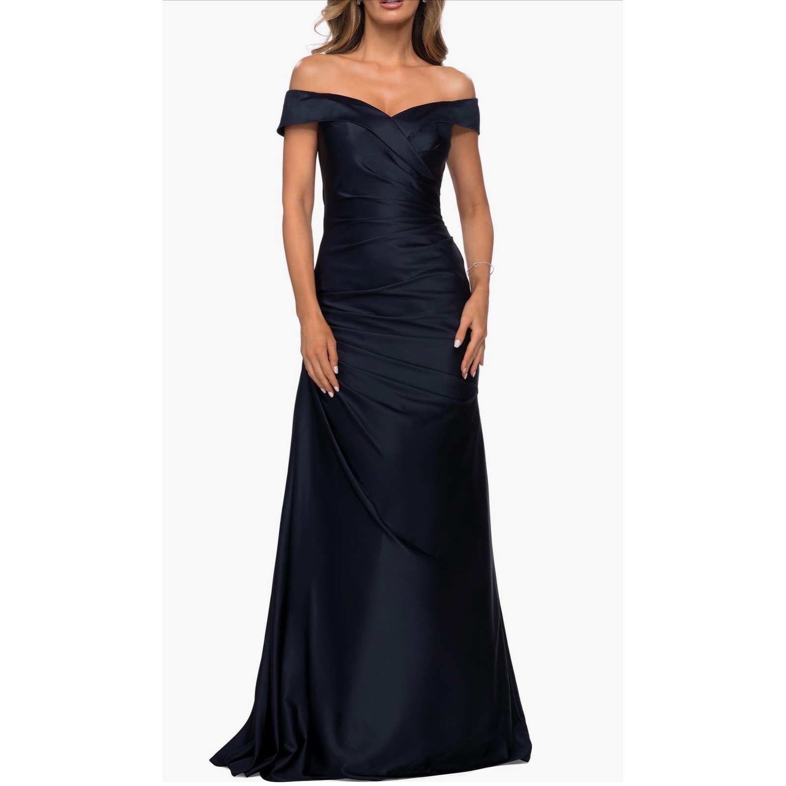 New! La Femme Off The Shoulder Satin Evening Dress With Pleating Navy Sz 8 $438